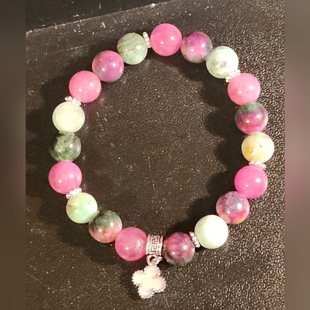 Pink and Green AKA Stone Bracelet with Charm 7"-8" in Length (Silver) - Picture 4 of 4